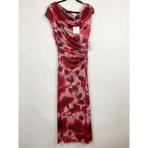 Premier Amour Floral Cowl Neck Ruched Maxi Gown Dress Womens 8 Burgundy Red NWT